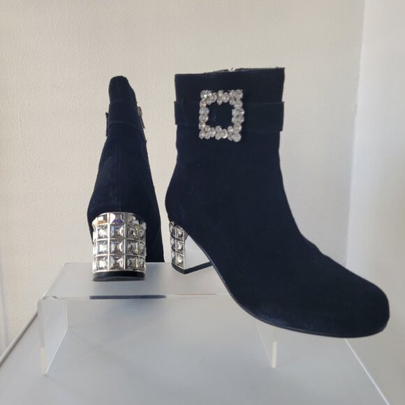 Joan Boyce Black Suede Ankle Boots 6M – Rhinestone Heel & Buckle Glam / Size:6M - Picture 8 of 11